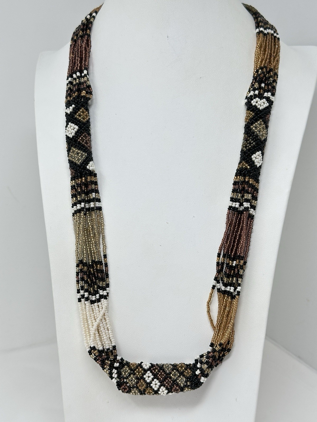 Vintage Multicolor White Gold Black Glass Seed Bead 26″ Necklace