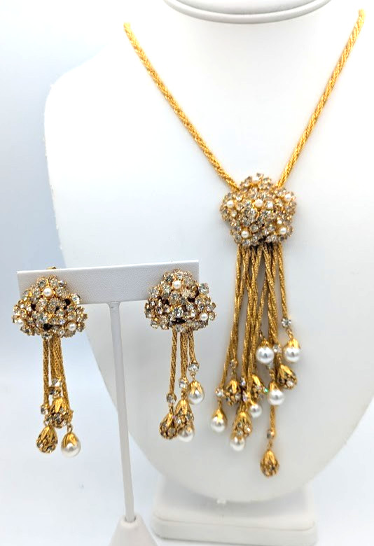 Vintage Rhinestone Tassel Necklace Earrings Set Glass Pearl Dangle (READ)