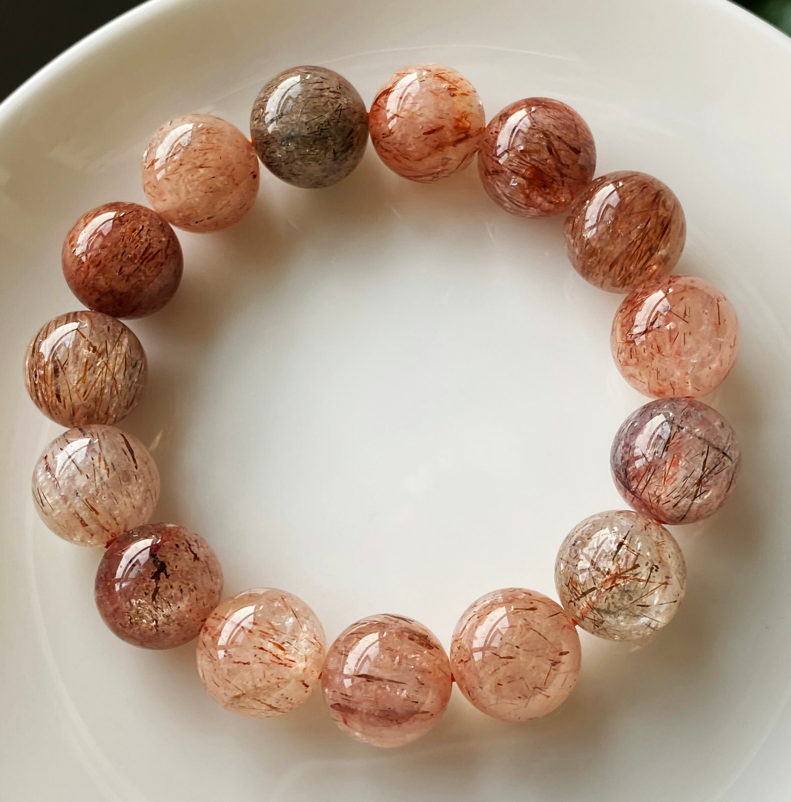 13.4mm Natural Red Gold Rutilated Quartz Crystal Beads Bracelet C758