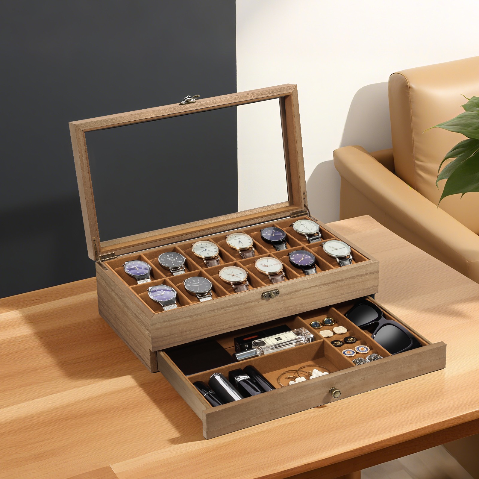 12 Slot Solid Wood Watch Box Clear Glass Top, Men’s Jewelry Display Storage Case