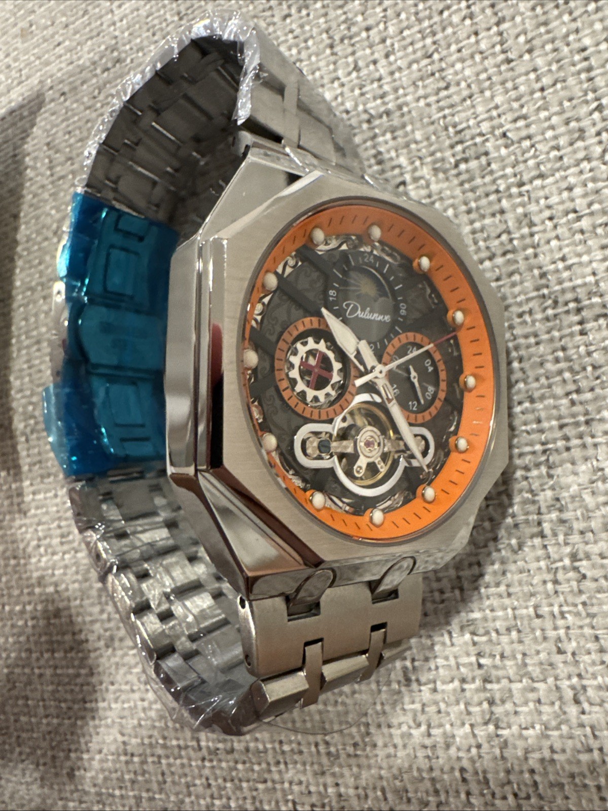 Automatic Skeleton Mechanical Moon phase Men’s Watch Orange Dial Stainless