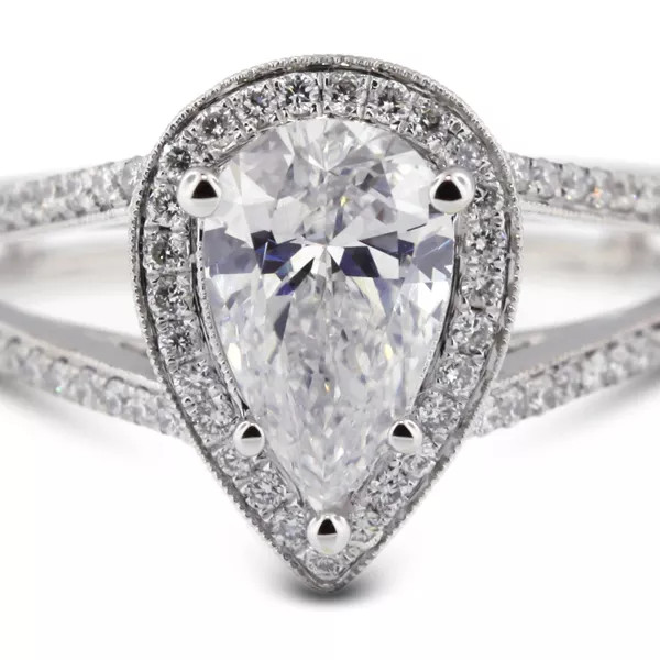 Side Stone Engagement Ring 18K Gold Halo 1.80 Carat Pear Lab-Grown Diamond E SI1