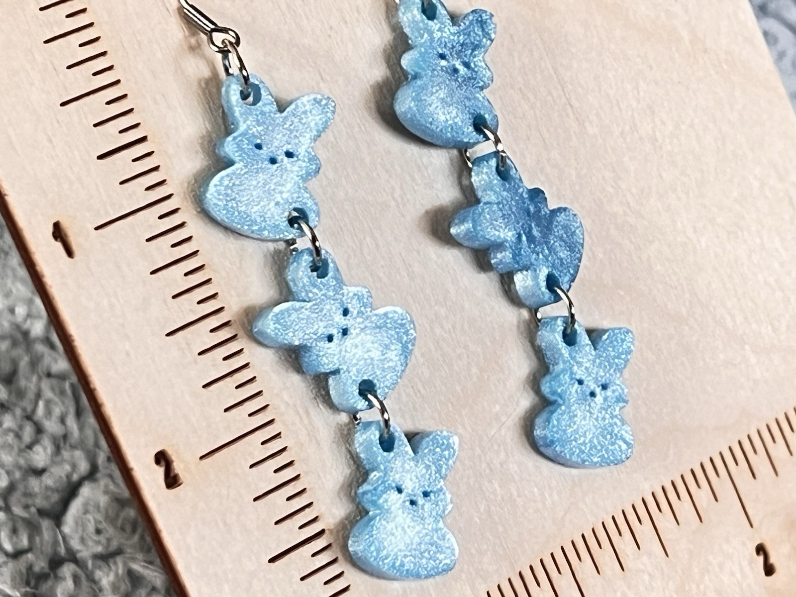 Handcrafted Blue Bunny Dangle Earrings Polymer Clay Animal Theme 2.8 in hook