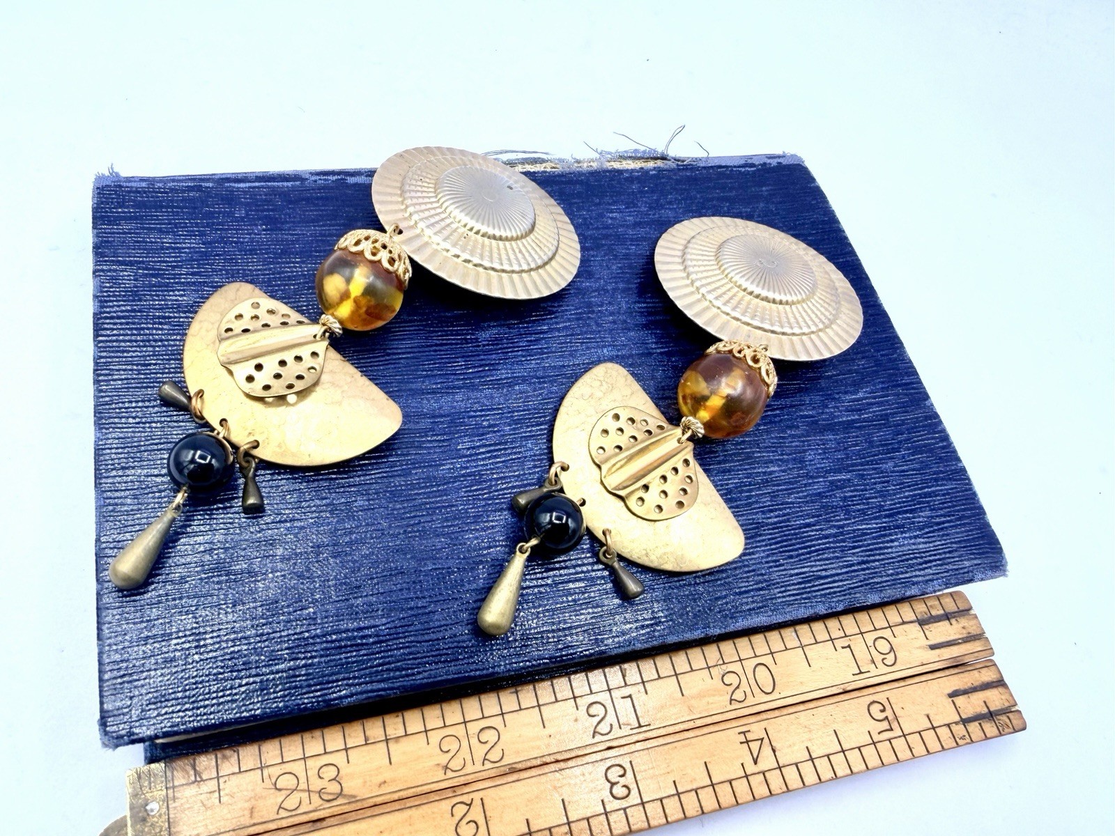 Vintage 1980s Gold Tone Brass Egyptian Revival Earrings Imperfect NOS RO-DO HG