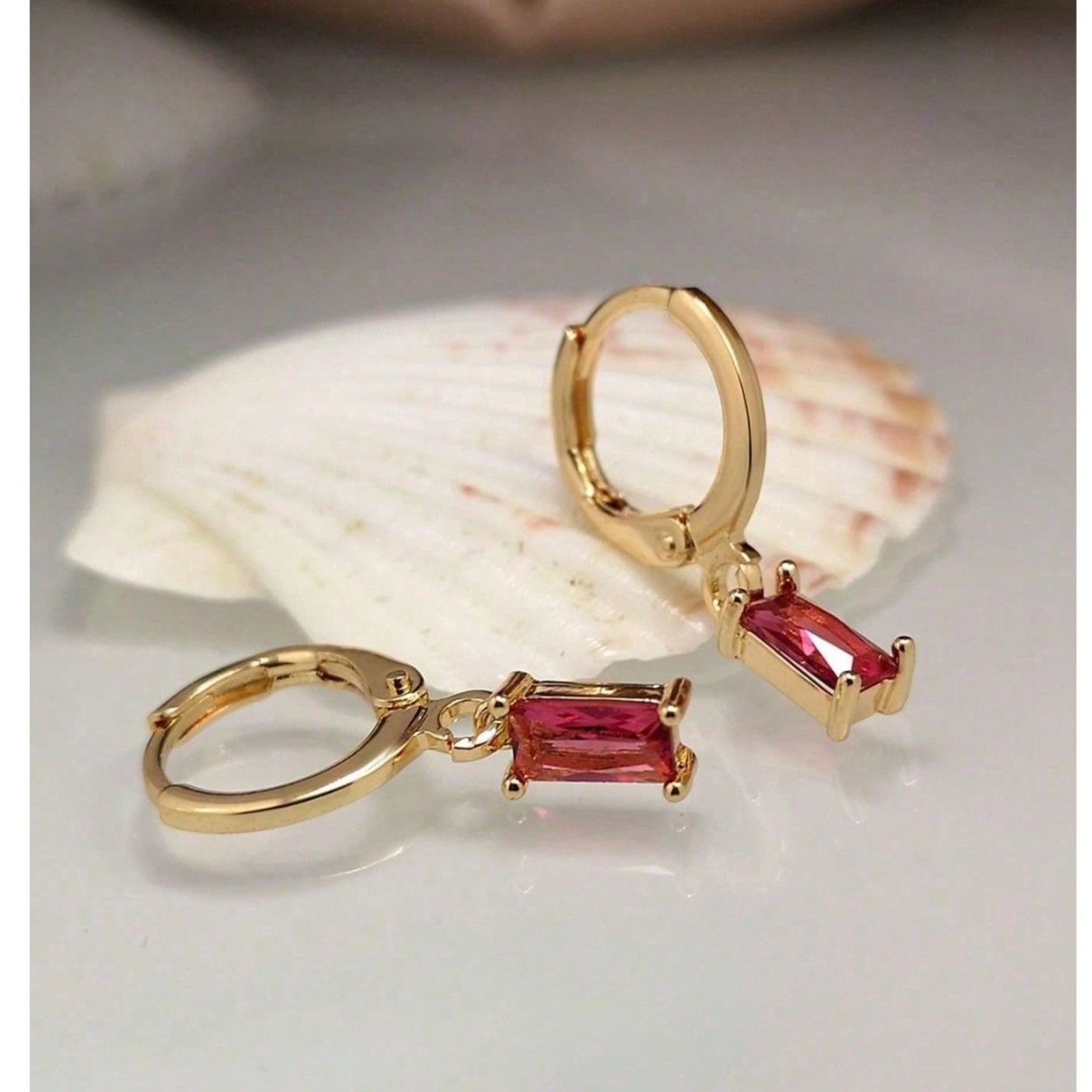 Emerald Cut Pink Zirconia Gold Hoop Earrings Dangle Pendant Drop Crystal Charm