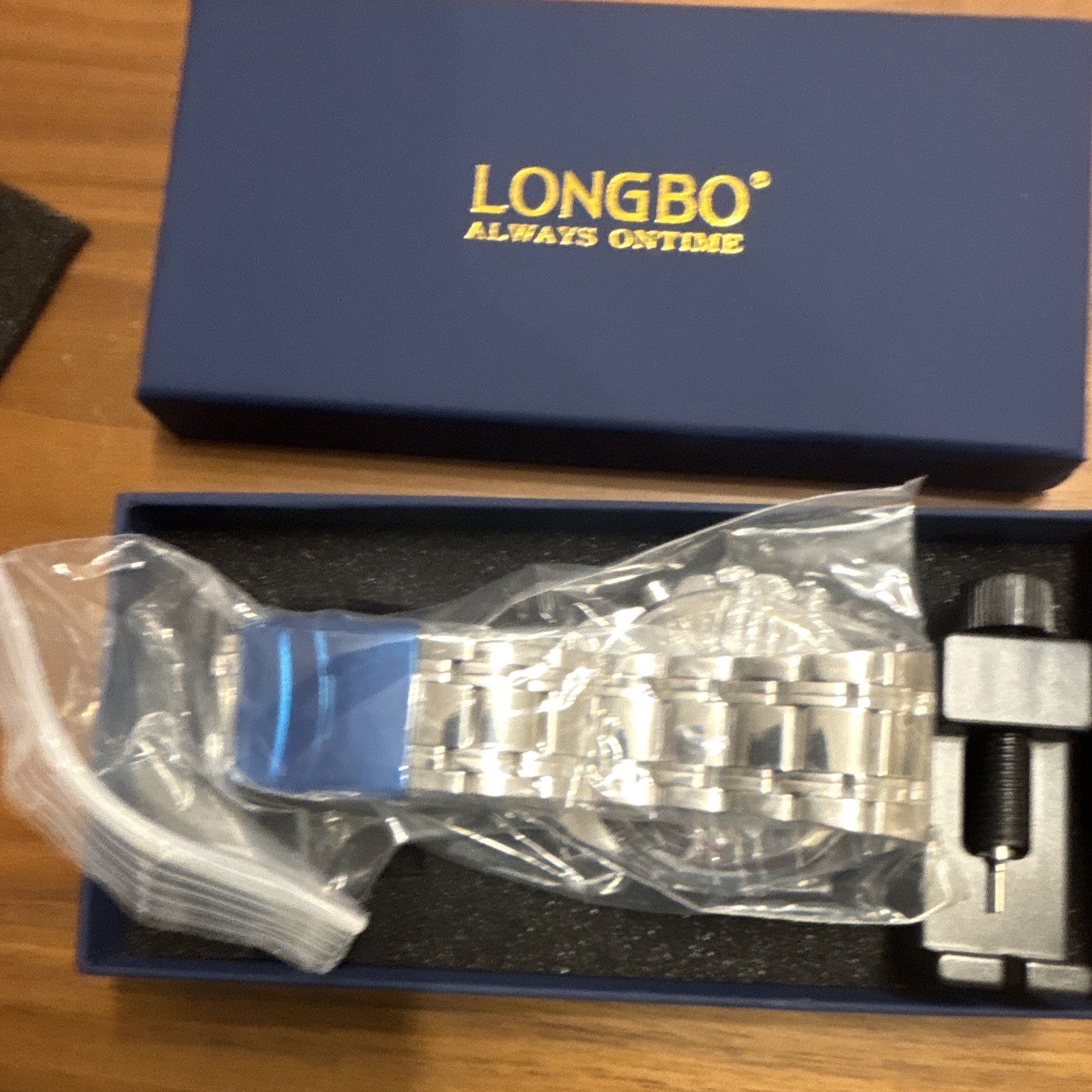 LONGBO 80113 Quartz Chronograph Watch Black Dial Silver Steel Bracelet Box