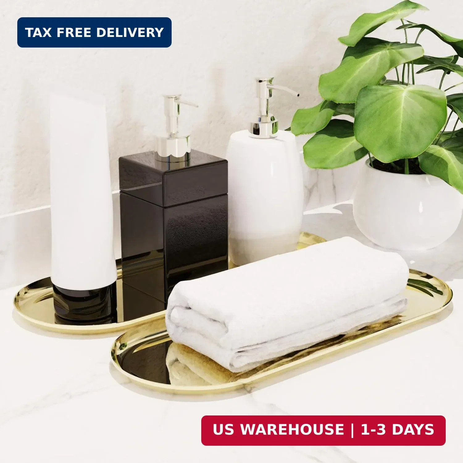 2 Pack Golden Bathroom Sink Vanity Decorative Tray, 12in Oval Trinket Storage fo