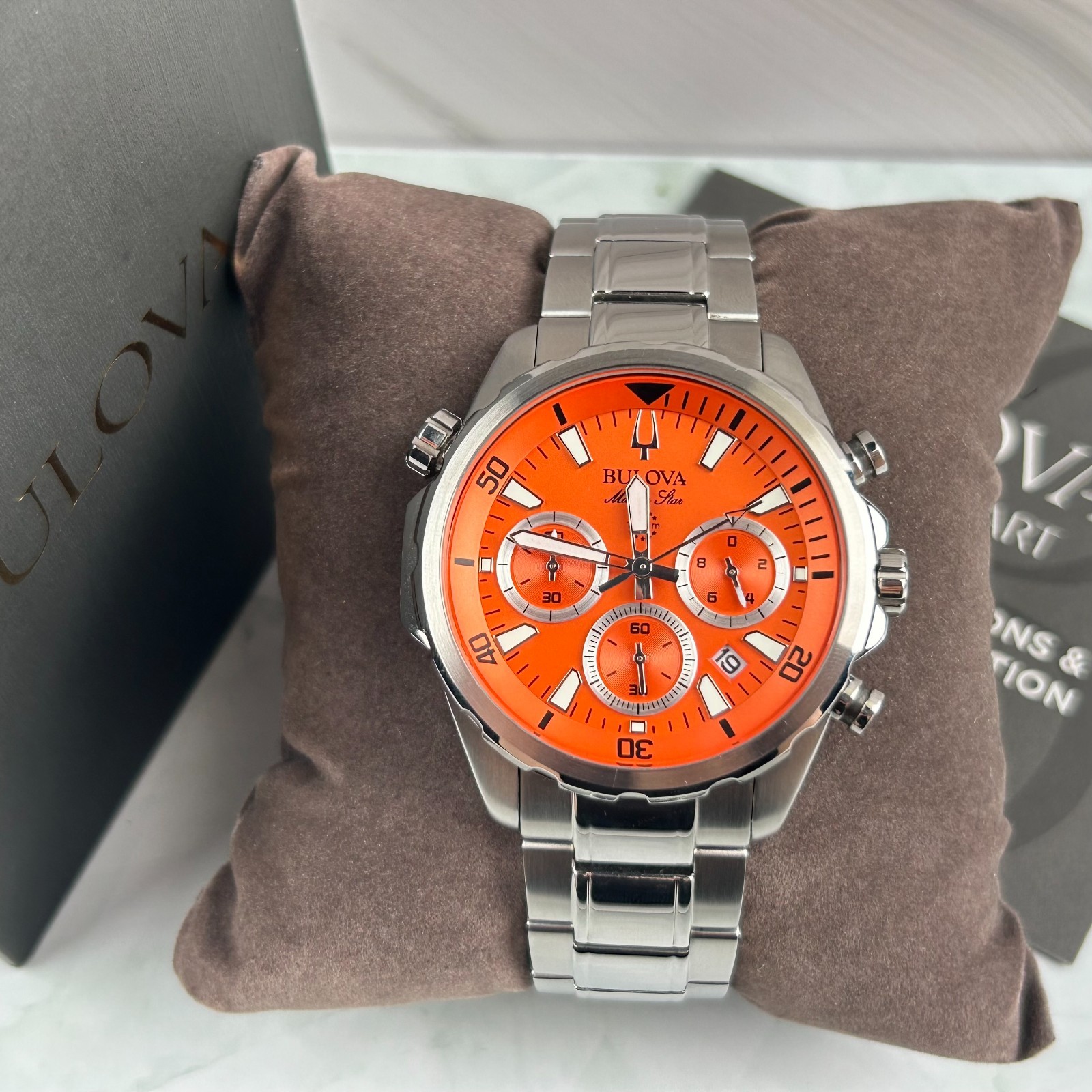 Bulova Marine Star 96B395 Orange Dial Men’s Chronograph Quartz Watch New 43MM