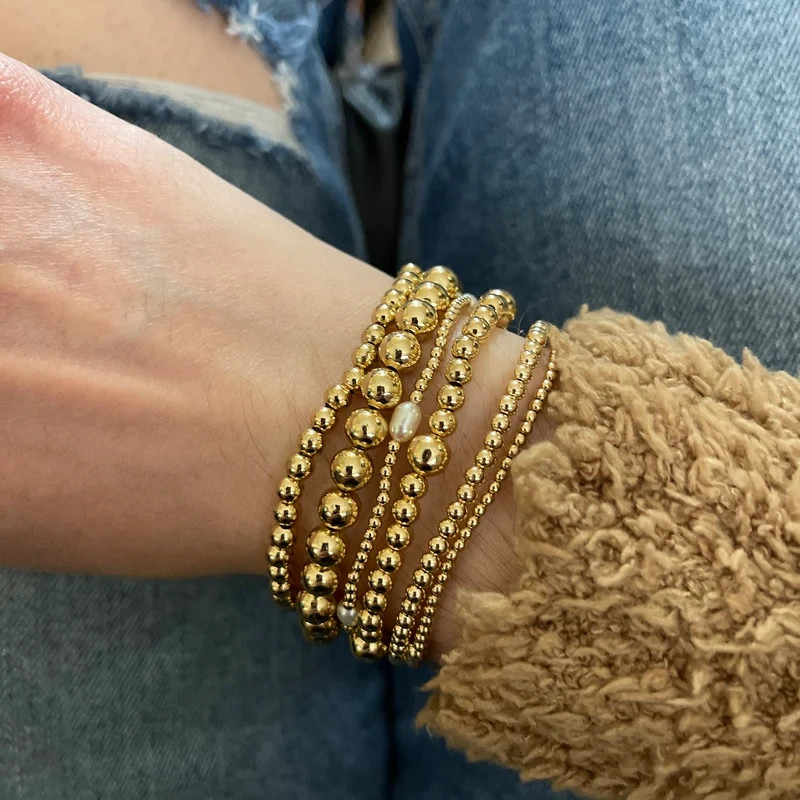 2PCS Dainty 2MM&5MM Gold Filled Beaded Layering Bracelet Stretchy Jewelry Gifts