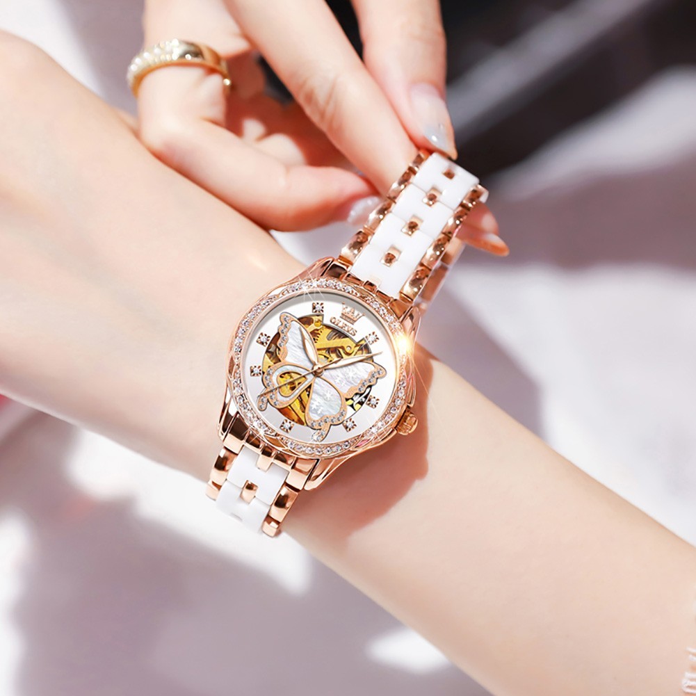 OLEVS 6622 Leather Ceramic Hollow Out Women Dress Mechanical Automatic Watch