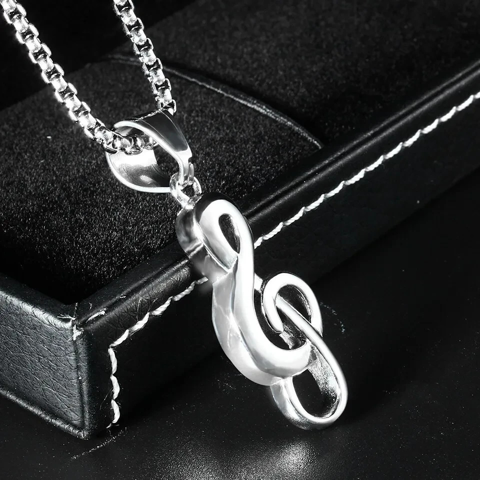 Silver Music Note G Treble Clef Pendant Necklace with Chain 24″ Mens Womens
