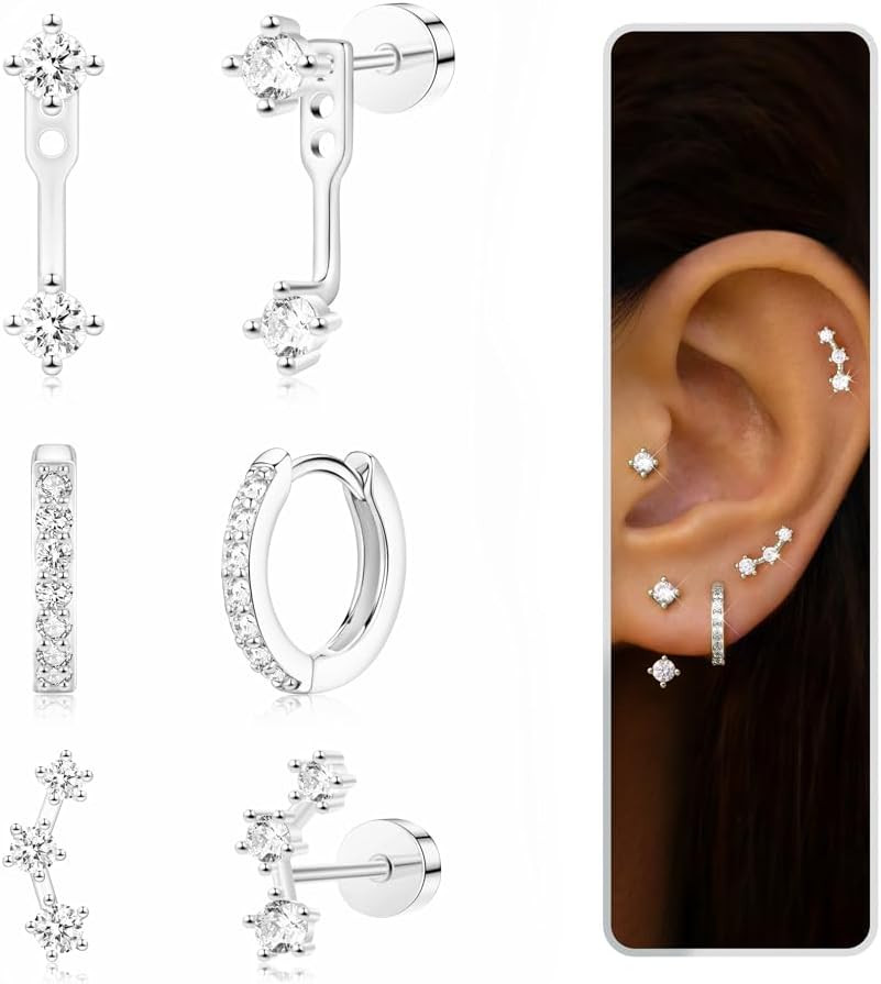 3 Pairs Dainty Small Earrings Set for Women Trendy, Birthstone Stud Huggie Hoop