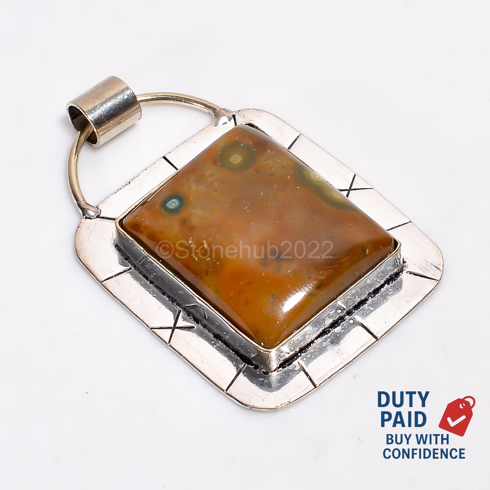 925 Sterling Silver Genuine Ocean Jasper Sister Channel Set Boho Pendant Jewelry