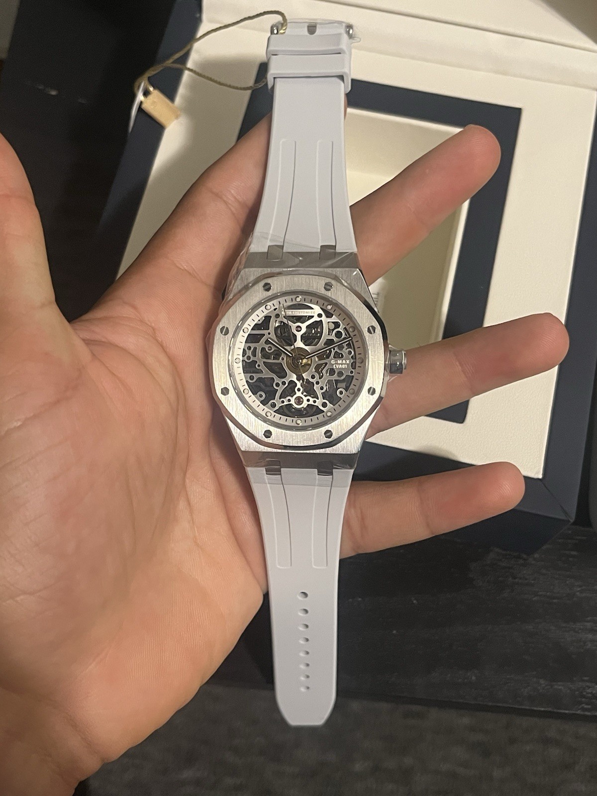 GEYA G-MAX EVA01 Skeleton Dial Automatic Men’s Watch White Rubber Strap Box