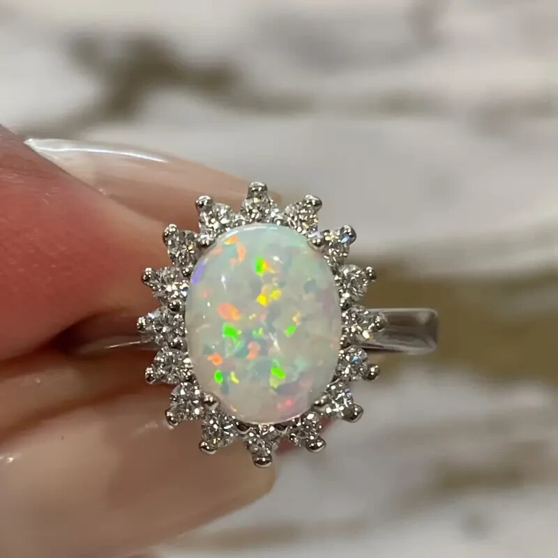 Elegant 925 Sterling Silver Rainbow Opal Charms Engagement Wedding Ring Size 6.5