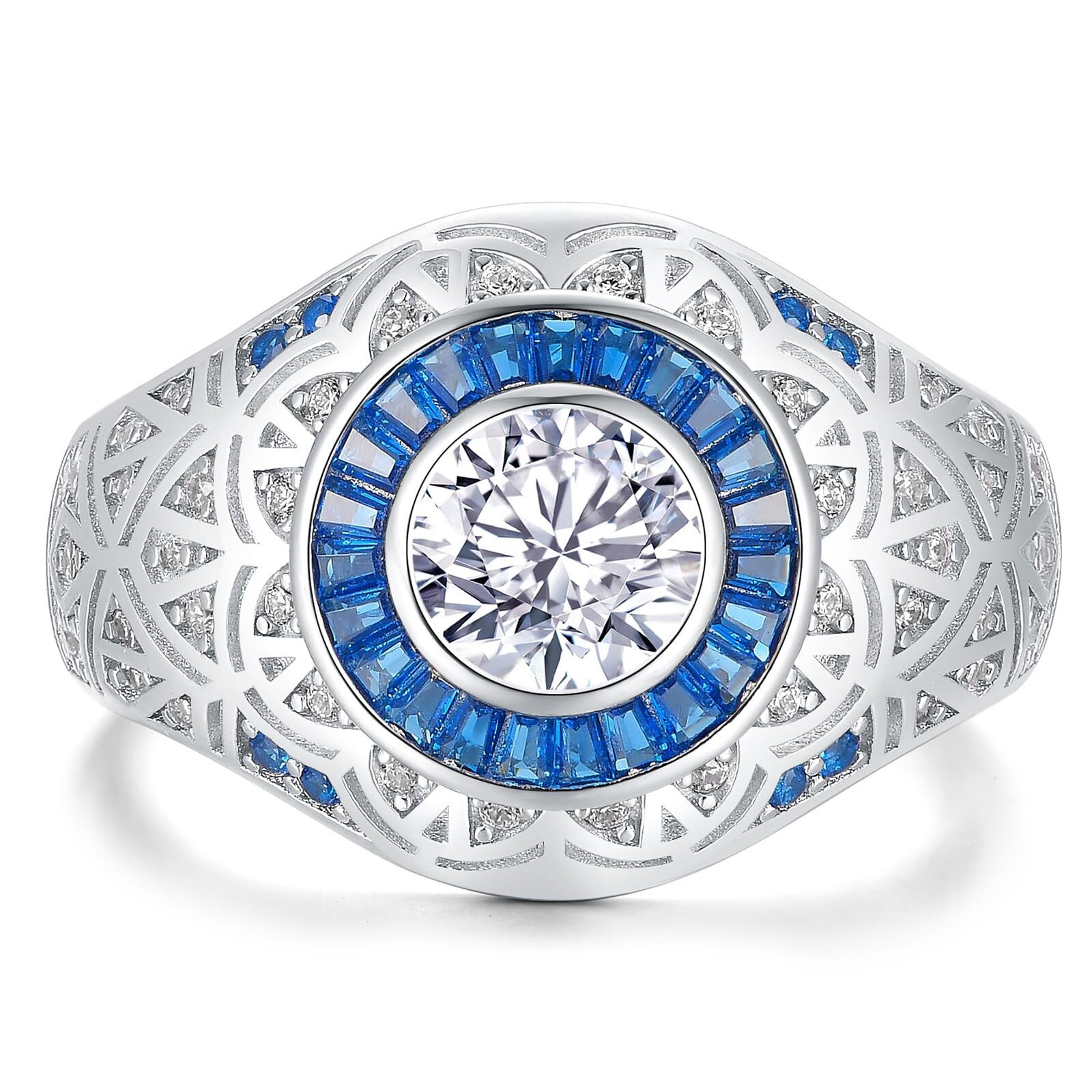 Moissanite Mens Wedding Rings Blue Sapphire 925 Sterling Silver Wedding Band