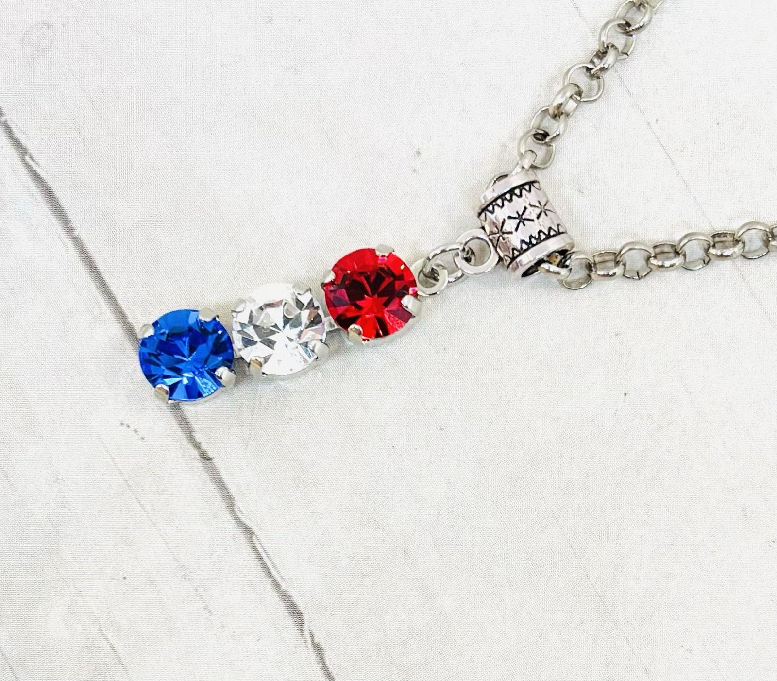 Rhodium Plated Red, White, and Blue Crystal Pendant Necklace Patriotic Necklace