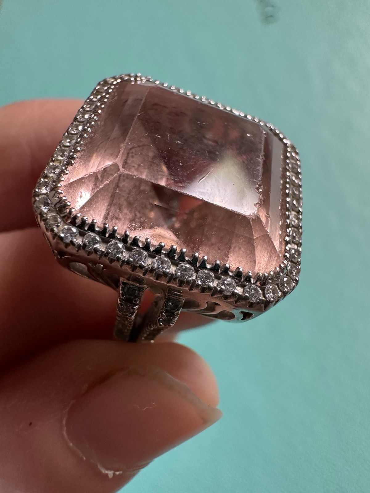 Vintage Estate 18k White Gold Pink Topaz And Diamond Cocktail Ring 4.5