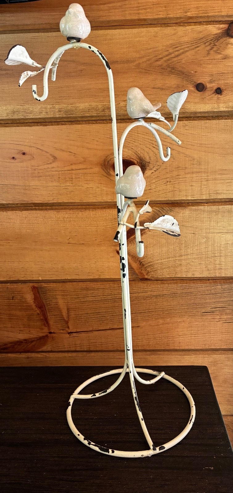 Rustic Farmhouse White Metal Jewelry Tree Stand w/ Ceramic Birds Necklace Bracel