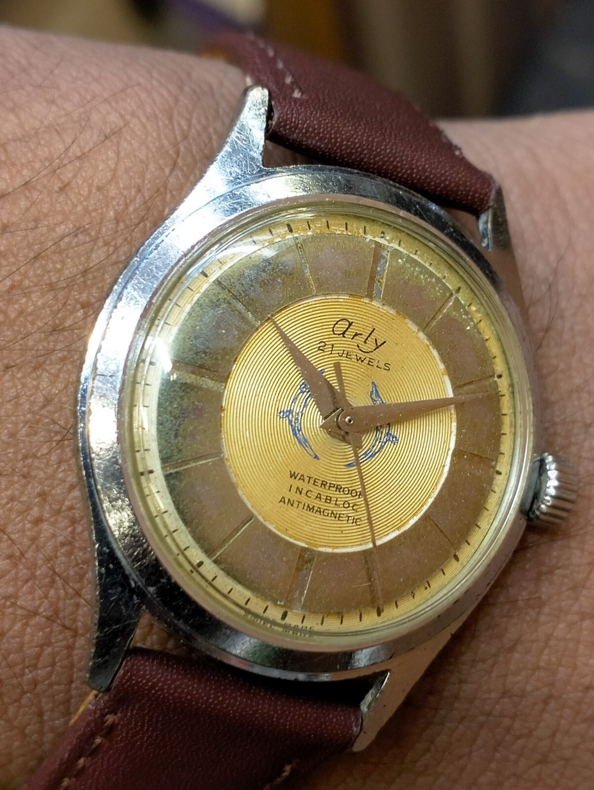 ARLY 21 JEWELS WINDING AGED GOLD DIAL SWISS MEN’S FULL WORKING VINTAGE WATCH
