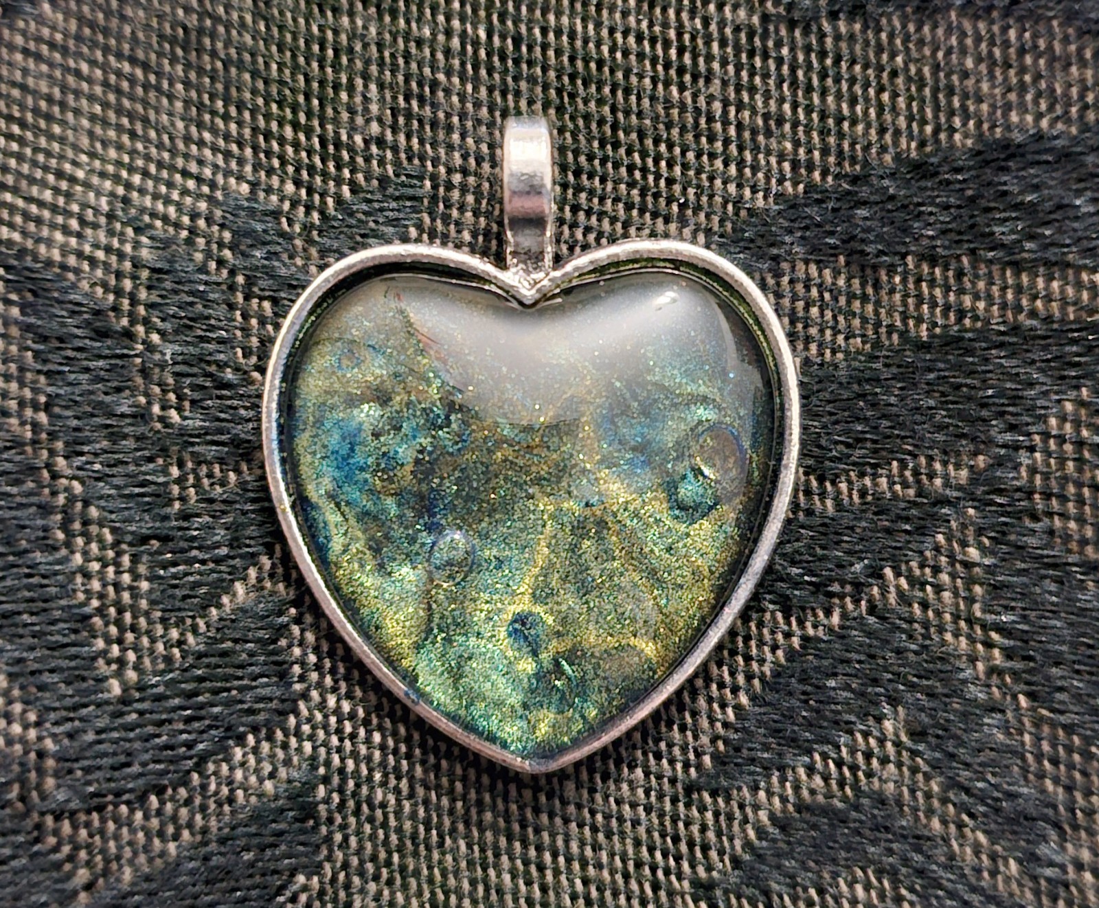 Ocean Galaxy Heart Resin Pendant Teal Gold Green Shimmer Handmade Fairycore