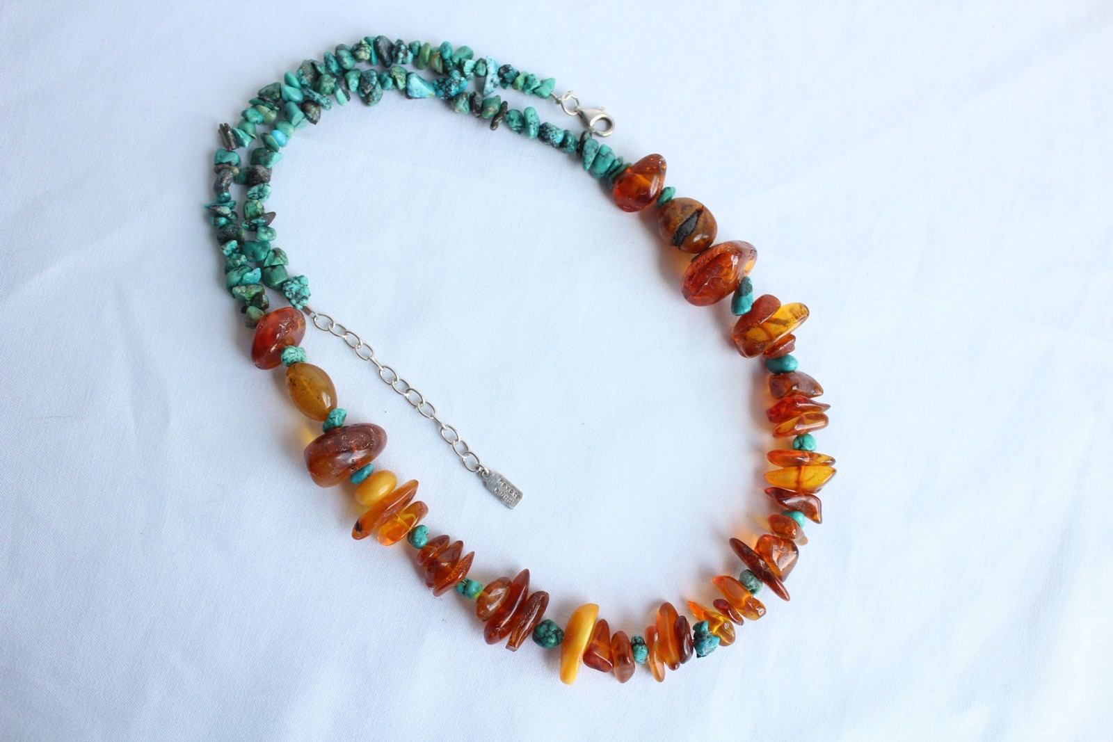 Signed Peyote Bird Sterling Silver Genuine Amber Turquoise Beads Necklace 21.5”