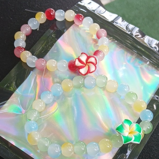 Multicolor Stretch Beaded Charm Bracelet, Beach Theme, Round Beads, Dangle Charm