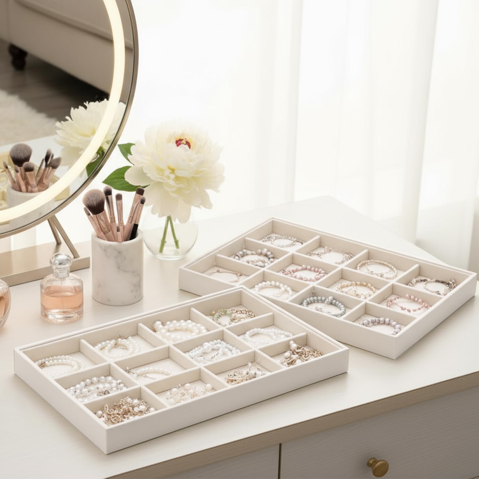 4 Pcs Stackable 12 Grids Jewelry Organizer Tray Velvet bracelet holder Tray S…