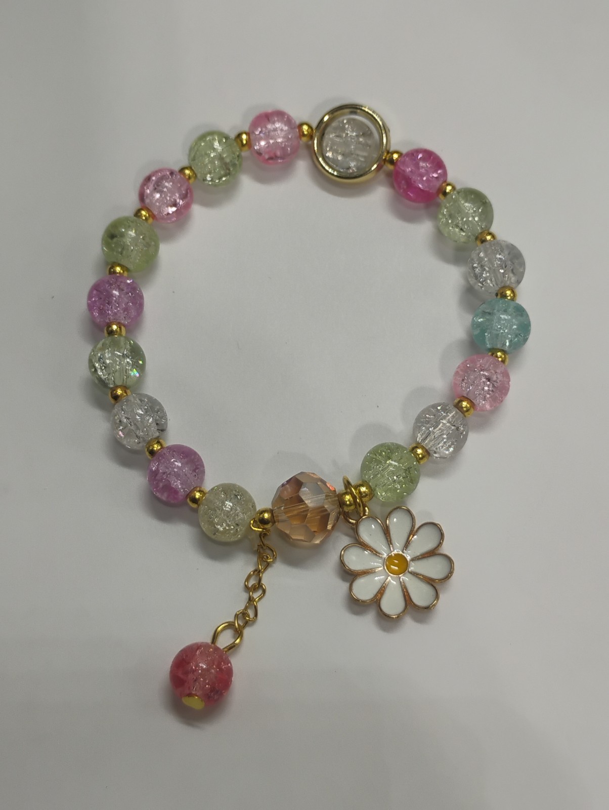BRAND NEW Sparkly Daisey Charm Stretch Bracelet w/ Multi Color Pastel Beads