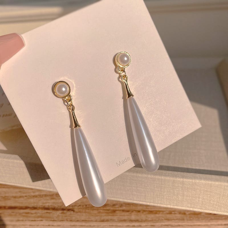 Water Drop Simulated Pearl Dangle Earrings Gold Tone Long Drop Wedding Jewelry