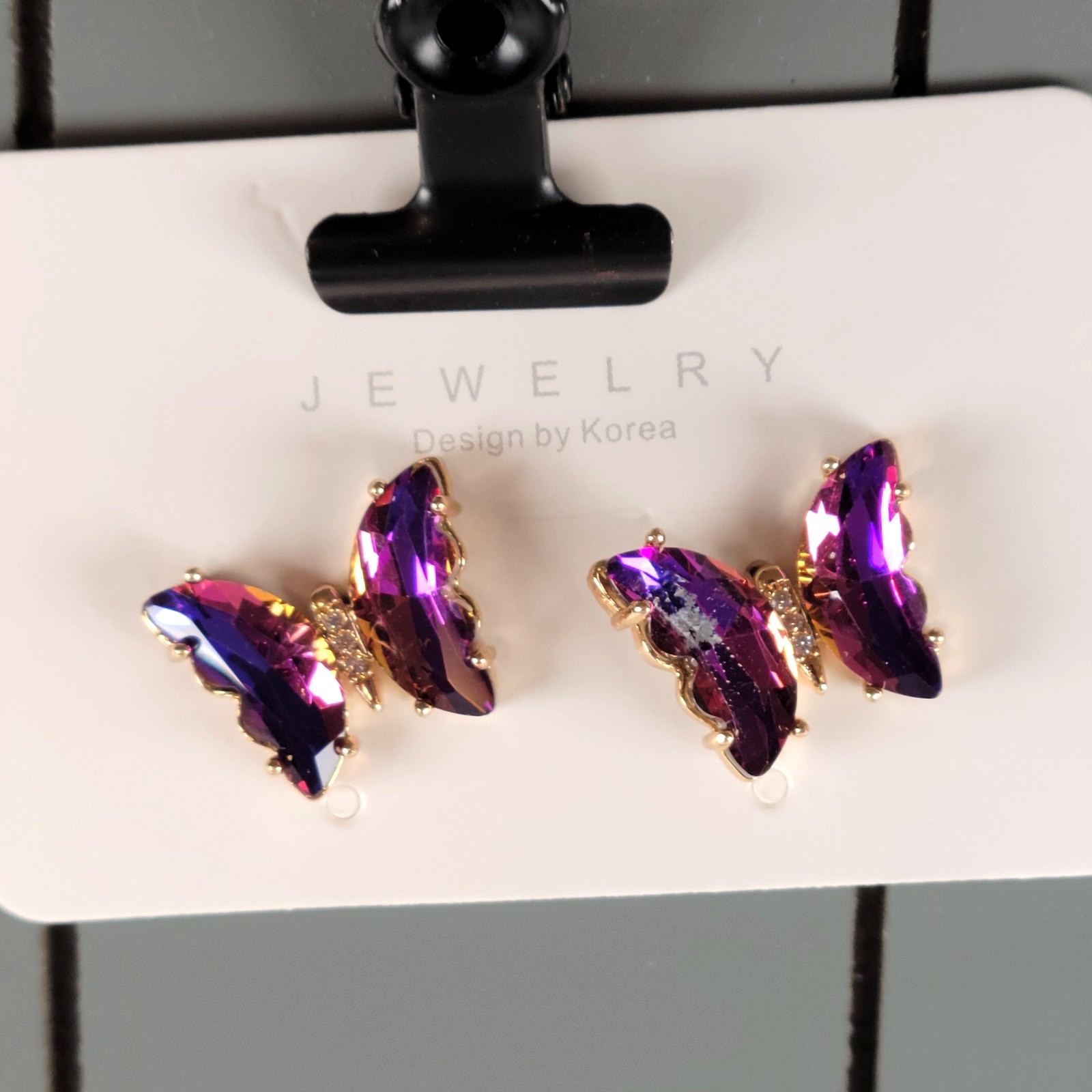 Purple Crystal Butterfly Stud Earrings Set of Design by Korea, With Gift Bag