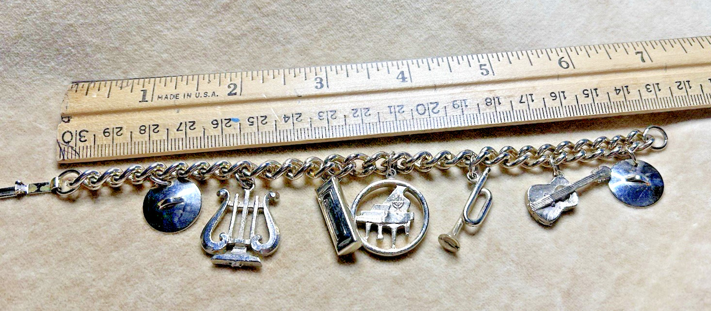 VTG Music Bracelet Silver Tone Harmonica Harp Piano Trumpet Guitar Cymbal Charms
