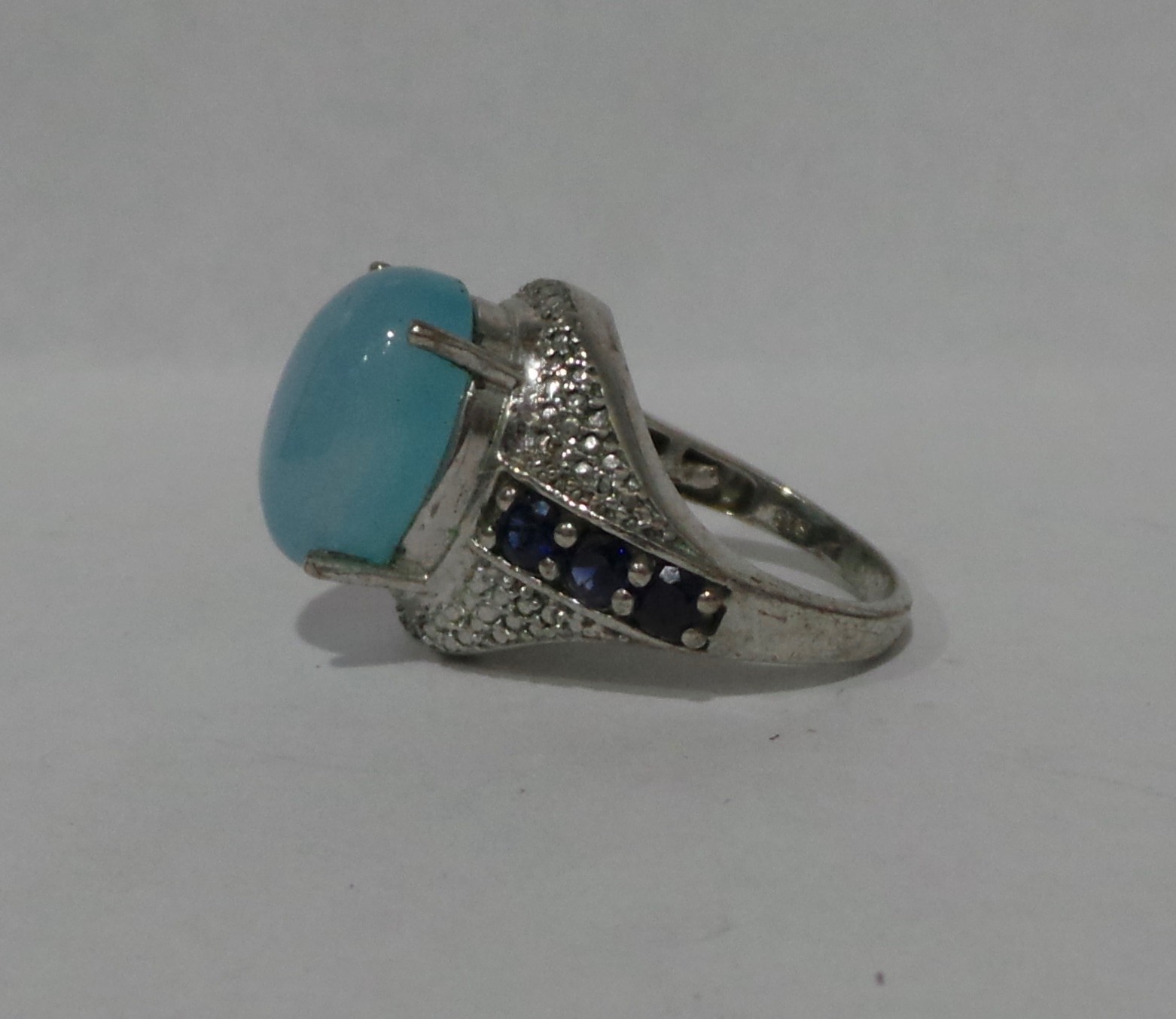 STS Karis Oval Aqua Chalcedony & Blue Accents Ring Silver Tone Size 6 14x10mm