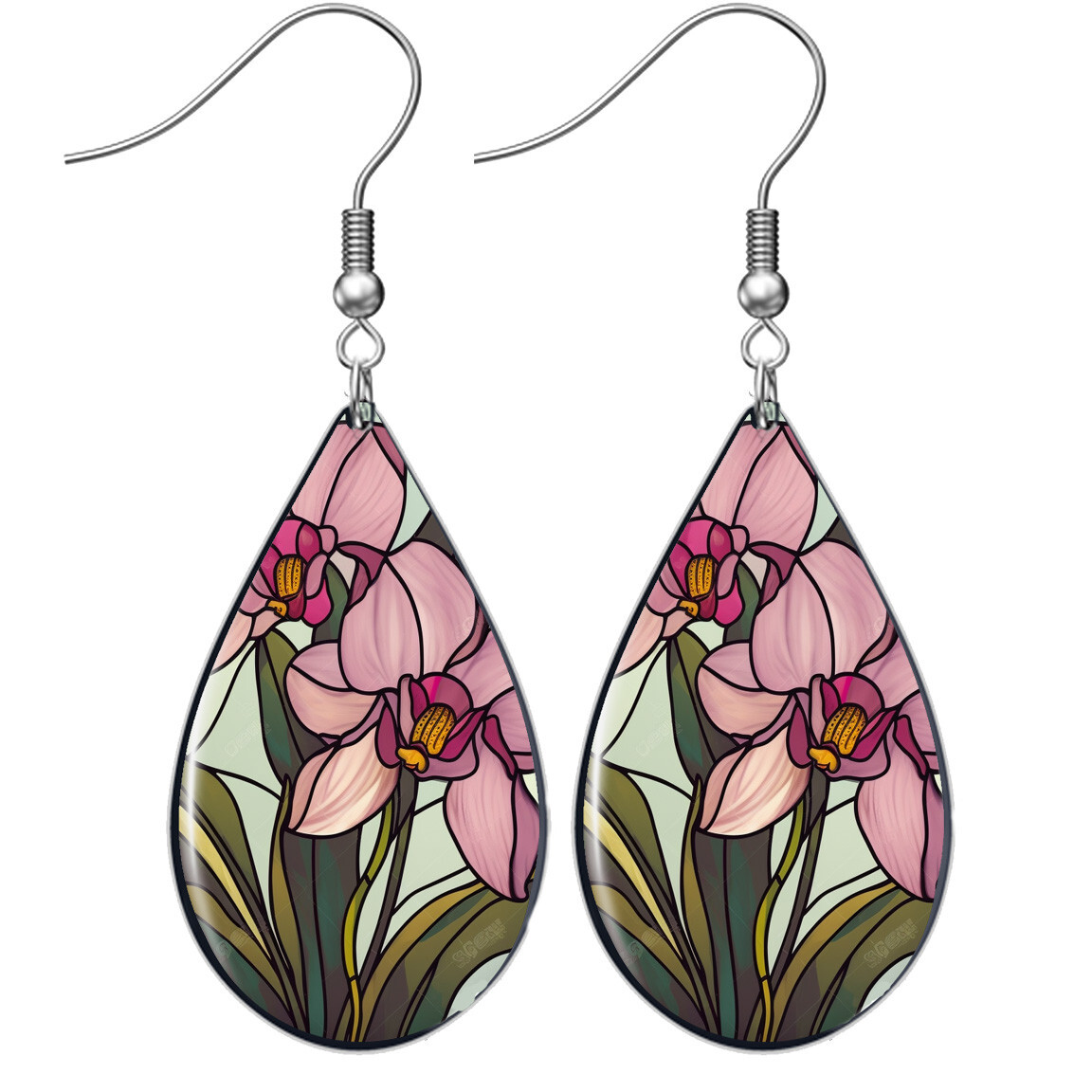 Orchid Earrings Delicate Flowers Faux Stained Glass Art Print Teardrop Sterling