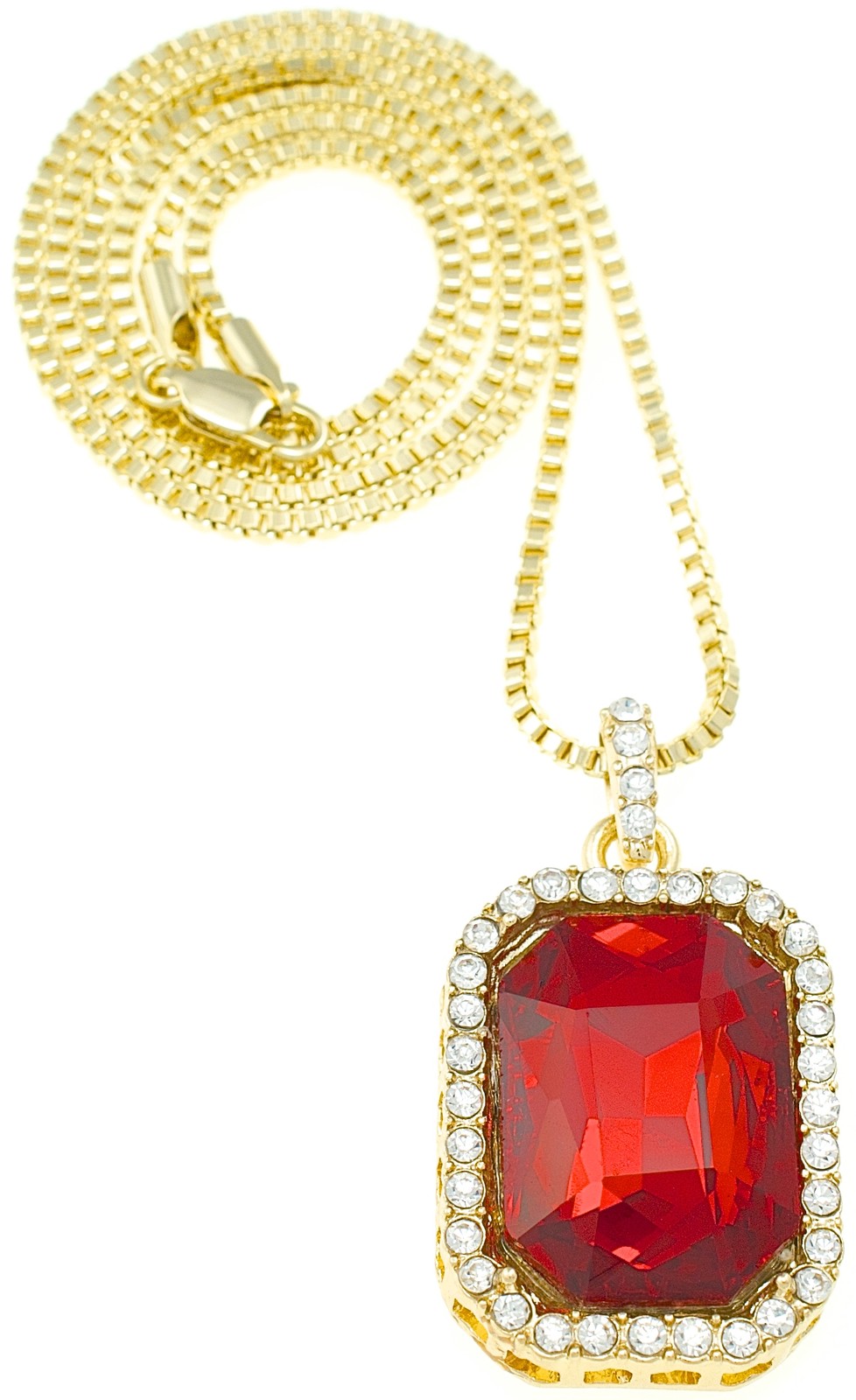 Square Stone Necklace Ruby Red with Crystal Rhinestones 24 Inch Long Box Chain