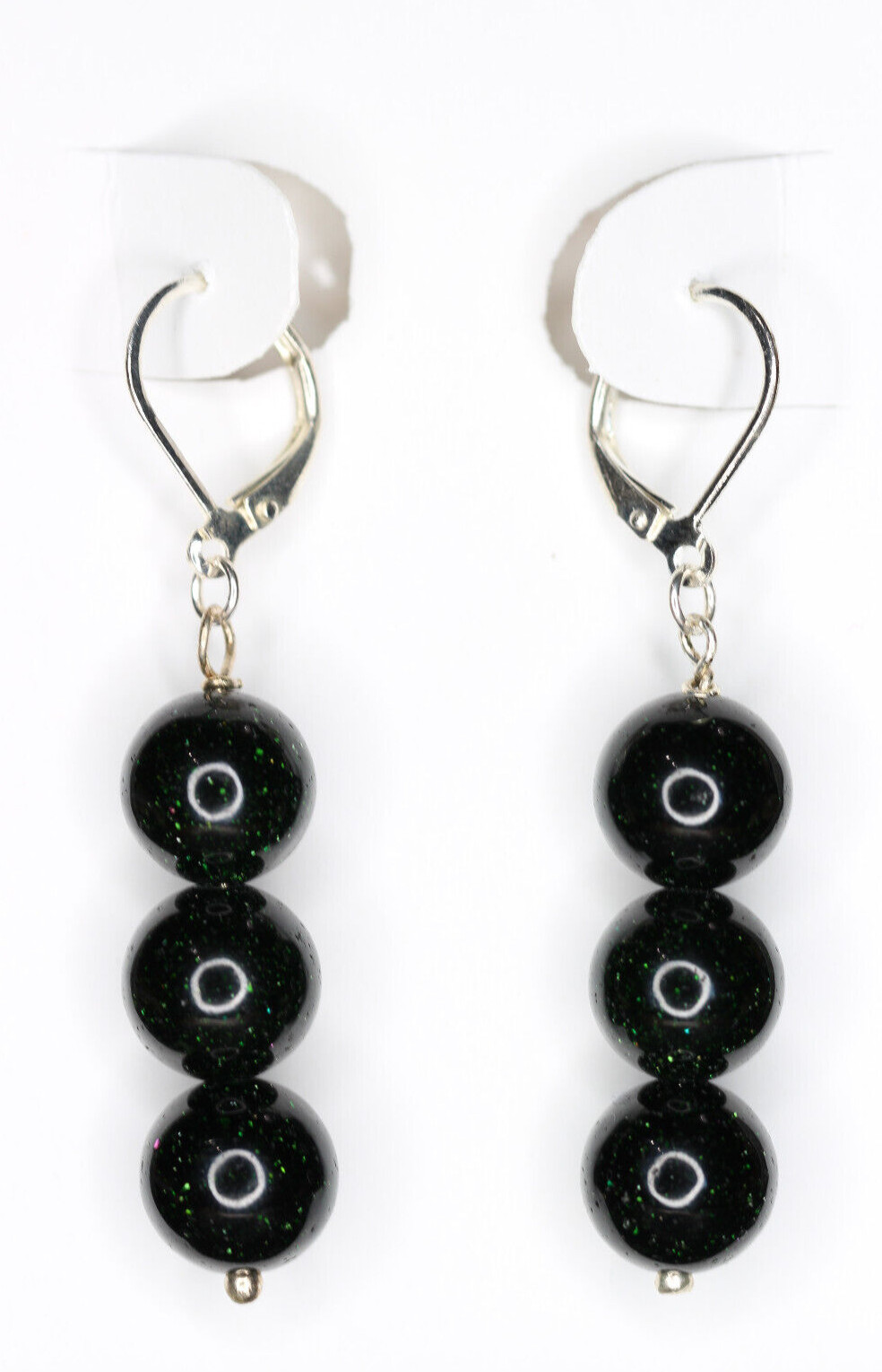 Dark Green Goldstone 10mm Ball Silver Plated Brass Leverback Earrings 2″