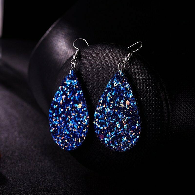 Fashion Jewelry Blue Glitter Faux Leather Fabric Teardrop Hook Dangle Earrings