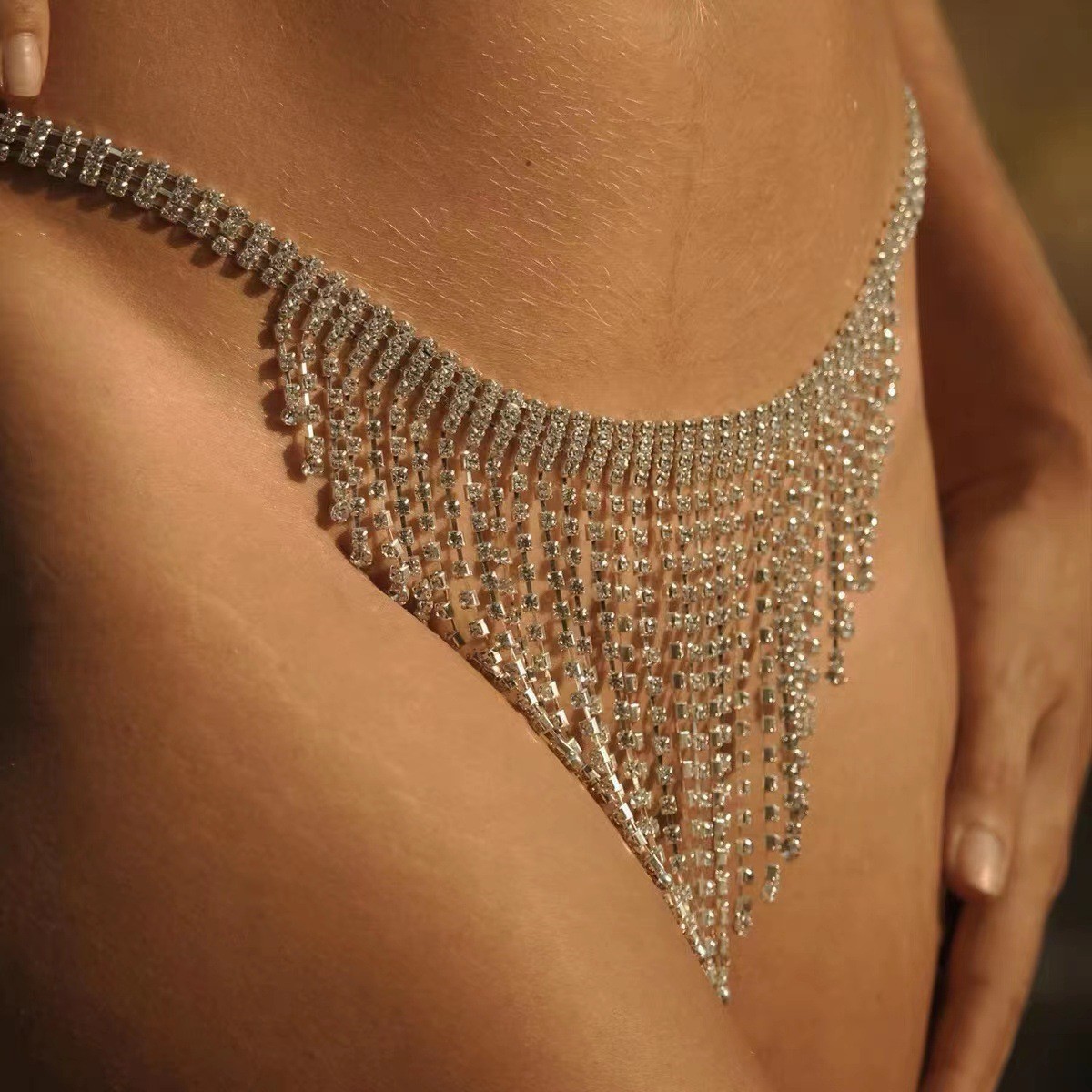 Silver Sexy Rhinestone Thong Belt Body Jewelry Lingerie Crystal Chain Skirt