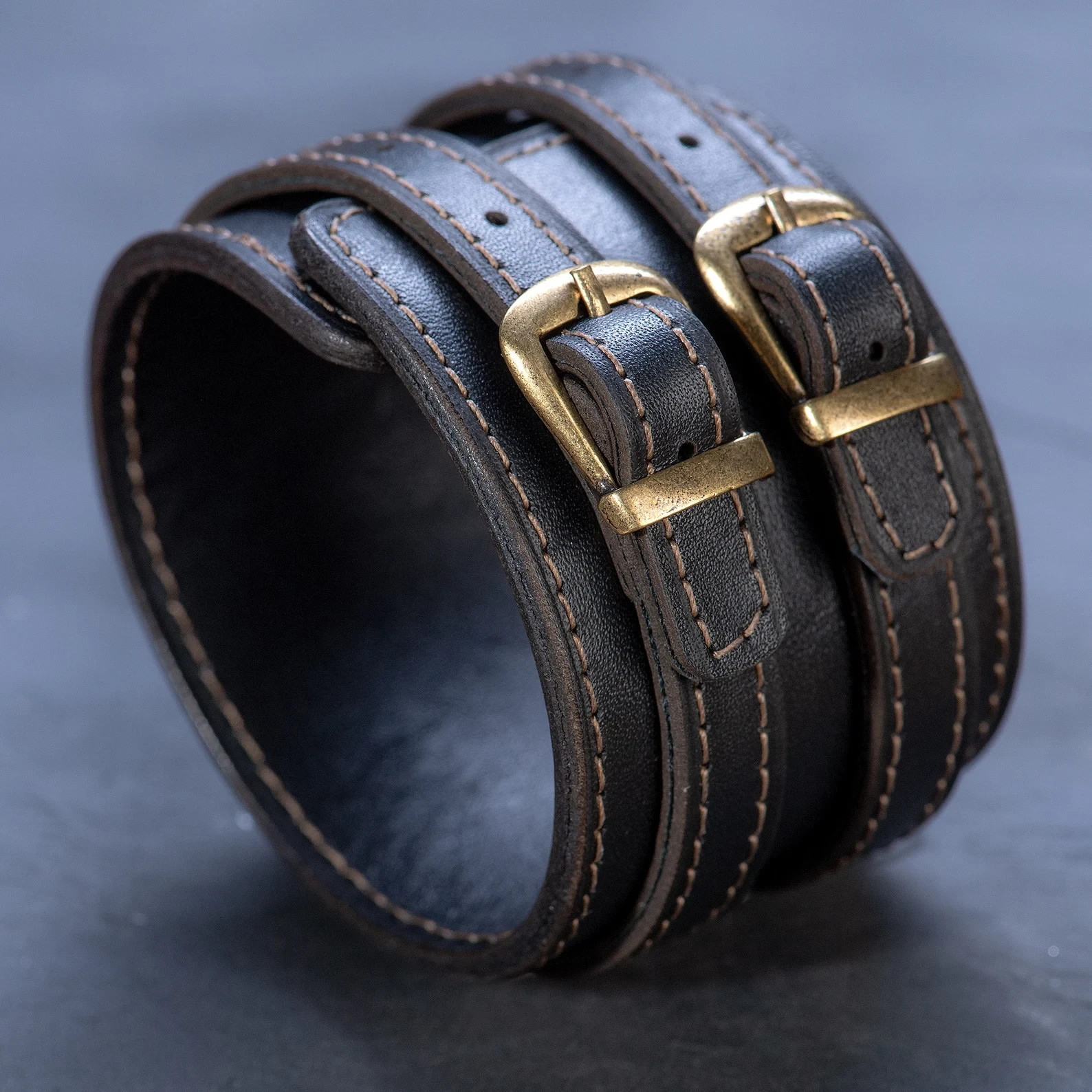Engraved Black Leather Double Strap Cuff Bracelet,Adjustable Buckle Wristband