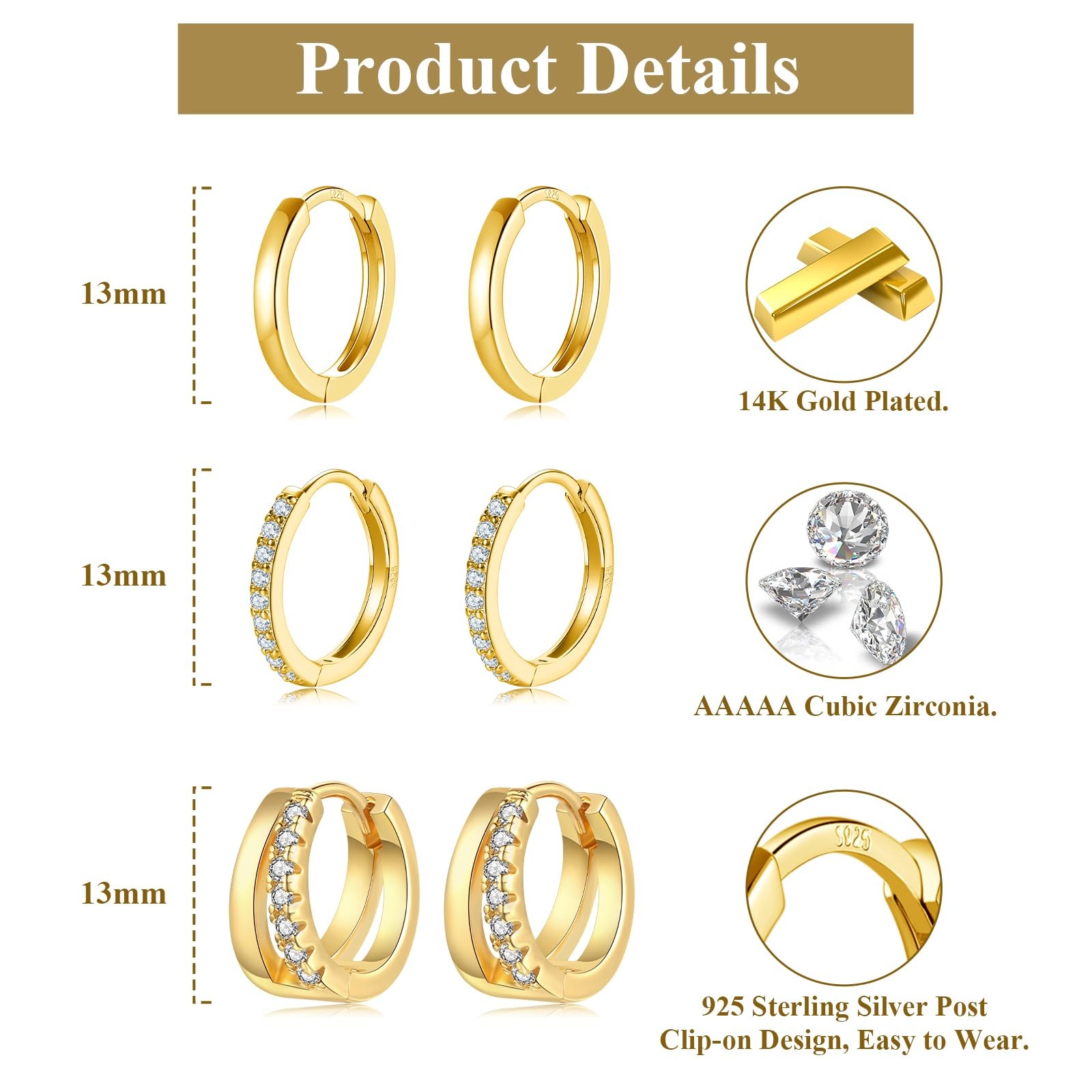 3 Pairs Small Gold Huggie Hoop Earrings Set, 14K Gold Plated Hypoallergenic Dain