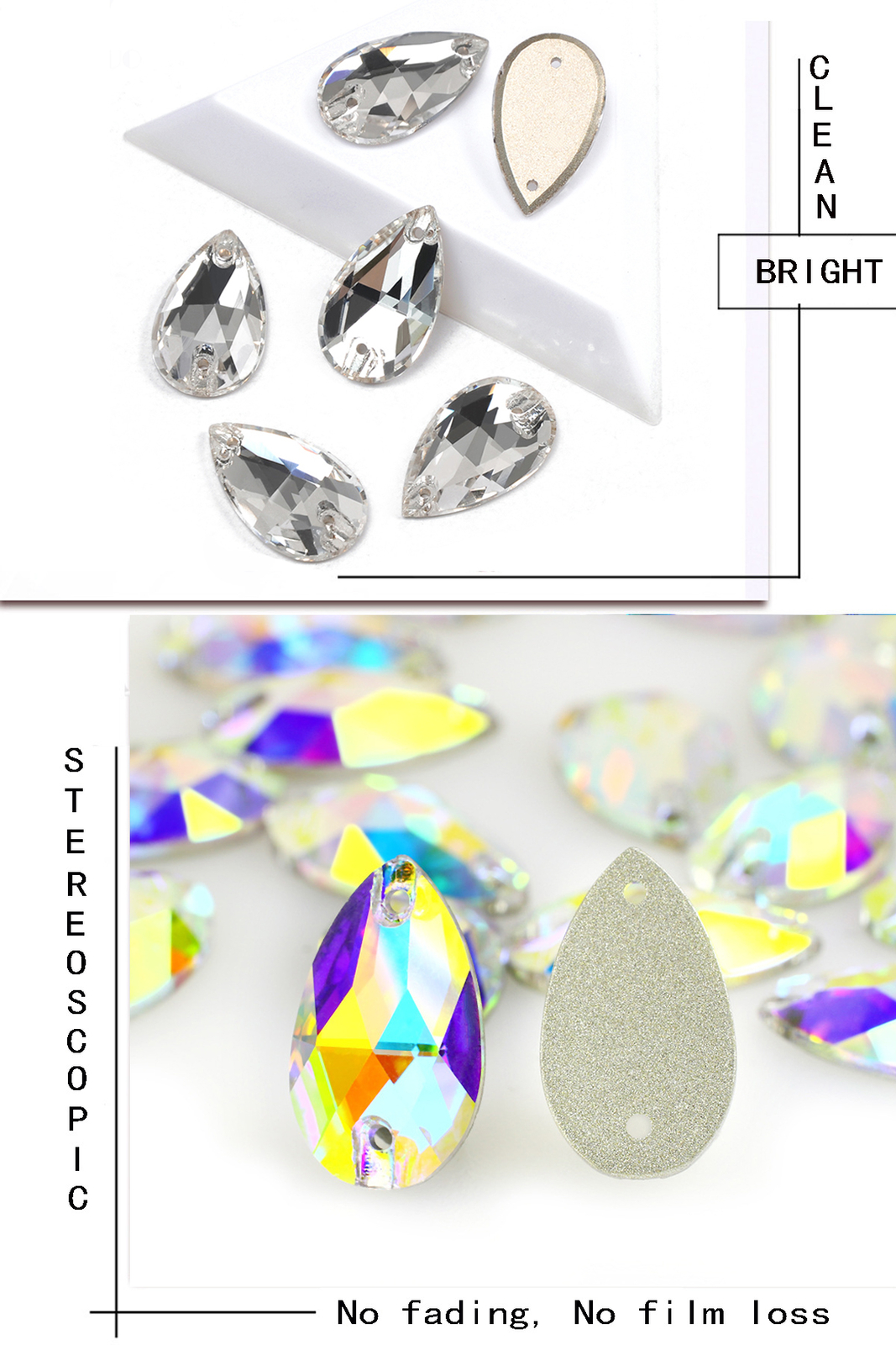 3230 Drop Sew On Rhinestones AB Clear Crystals Stones Flat Back Sewing Beads