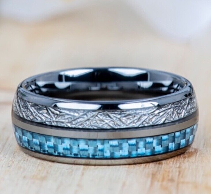 Tungsten Ring Imitation Meteorite & Blue Carbon Fiber Domed Mens Wedding Ring