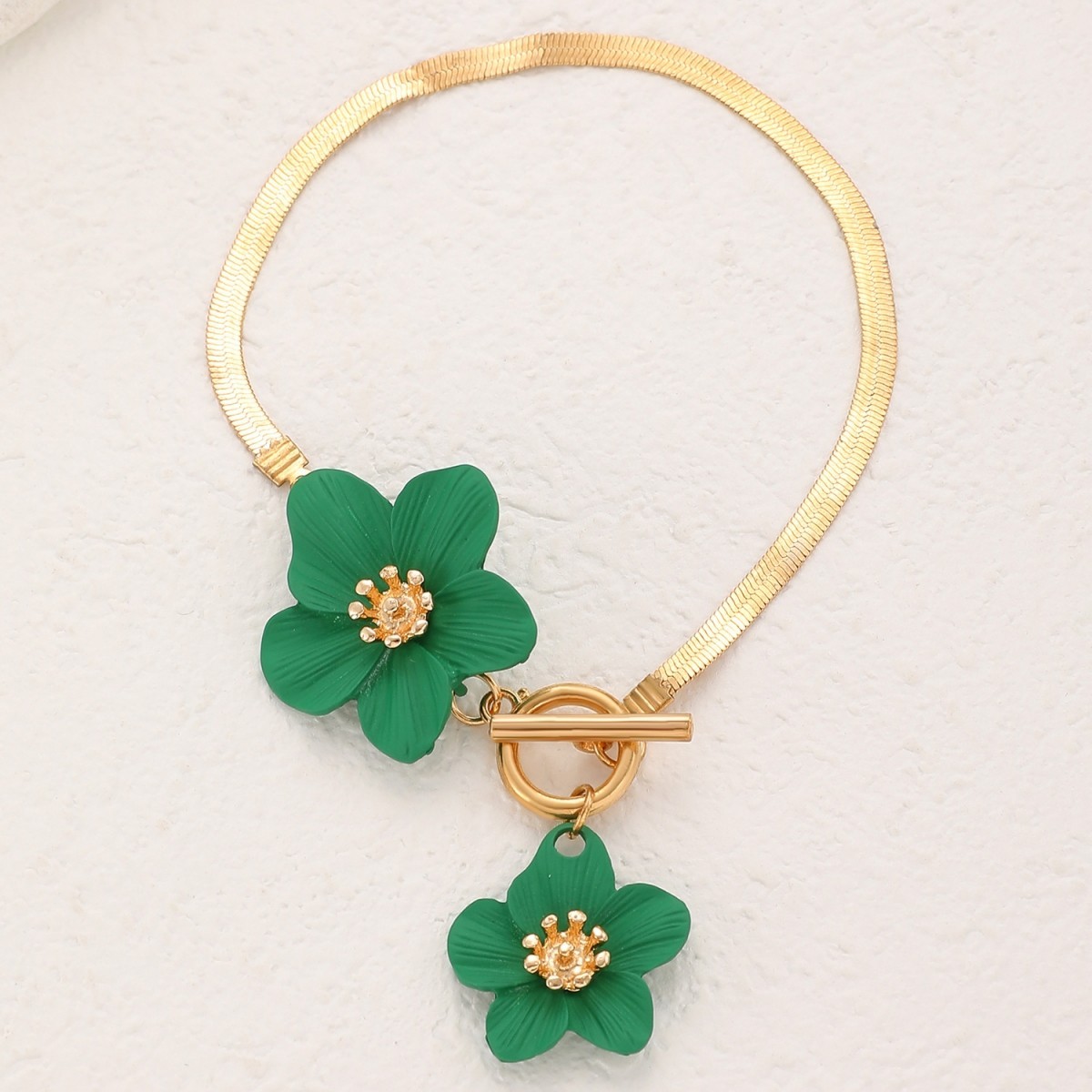 Green Double Flower Gold Plated Flat Snake Chain Necklace & Earring Jewelry Set