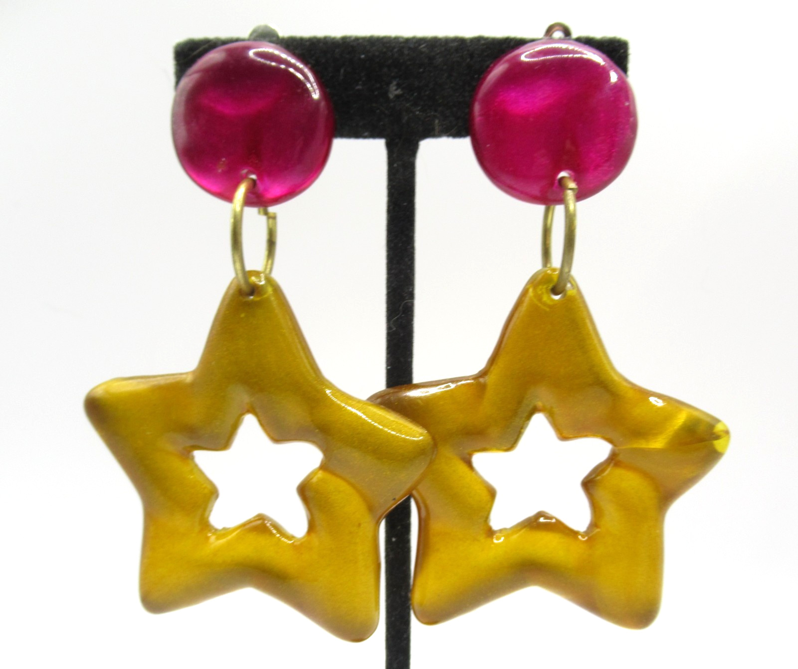 Large Clip On Earrings Plastic Fuscia Purplish Pink and Gold Tone Stars AS IS