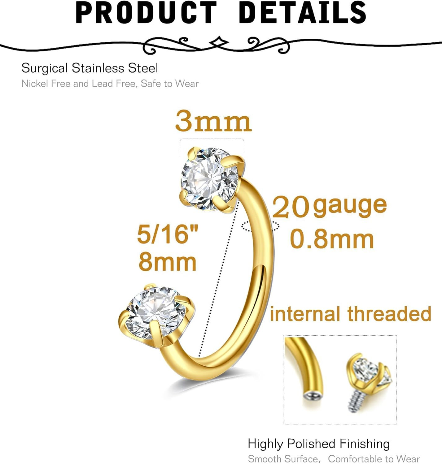 20G Nose Rings Hoops Nose Studs for Women Surgical Steel Hypoallergenic 20 Gauge