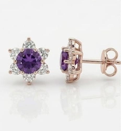 4ct Round Simulated Purple Amethyst/Diamond Flower Stud Earring Rose Gold Plated