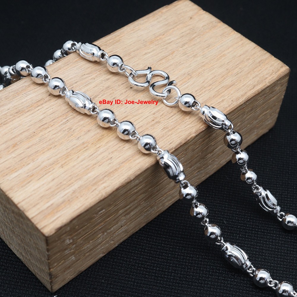 Real 925 Sterling Silver Necklace 4mm Oval Bead Link Chain Necklace 19.7inch L