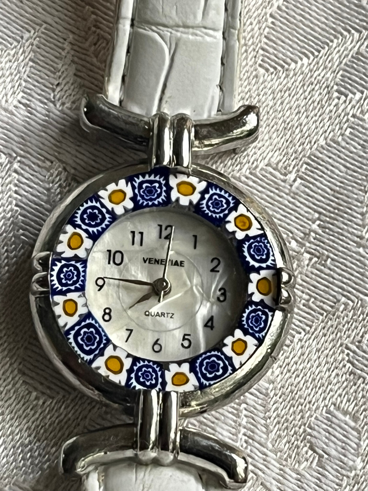 Venice Millefiori Watch Women 27mm Gold Tone White Leather Band-New Battery 7.5″