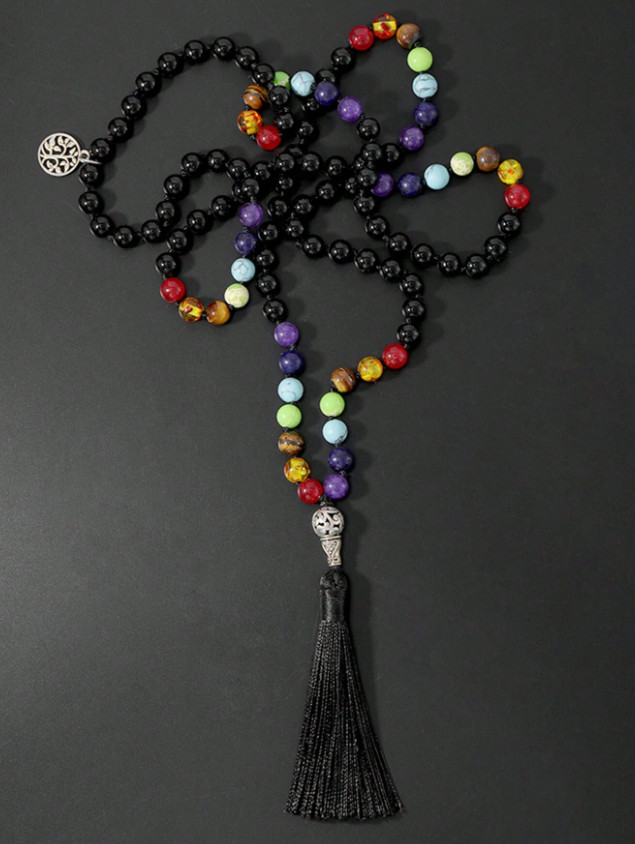 108 Bead Mala Onyx, Tigers Eye, Lapis & Tassel Necklace – 24″ *NEW*