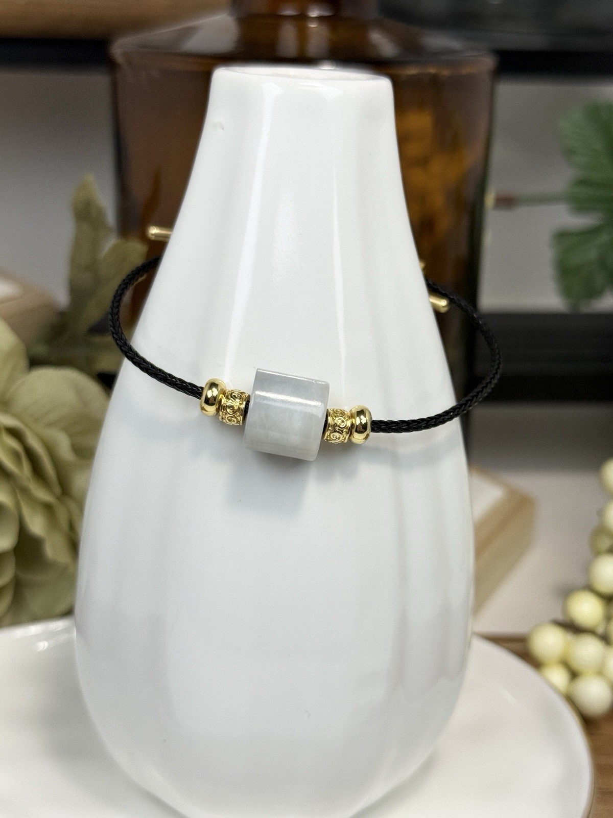 Hetian Jade Grey Barrel Pendant Bracelet 12.4MM on Black Adjustable Nylon Cord
